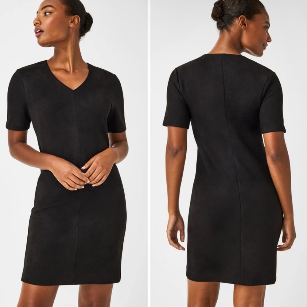 Spanx XS Faux Suede Column Mini Dress Short Sleeve Black Office Career‎ Work